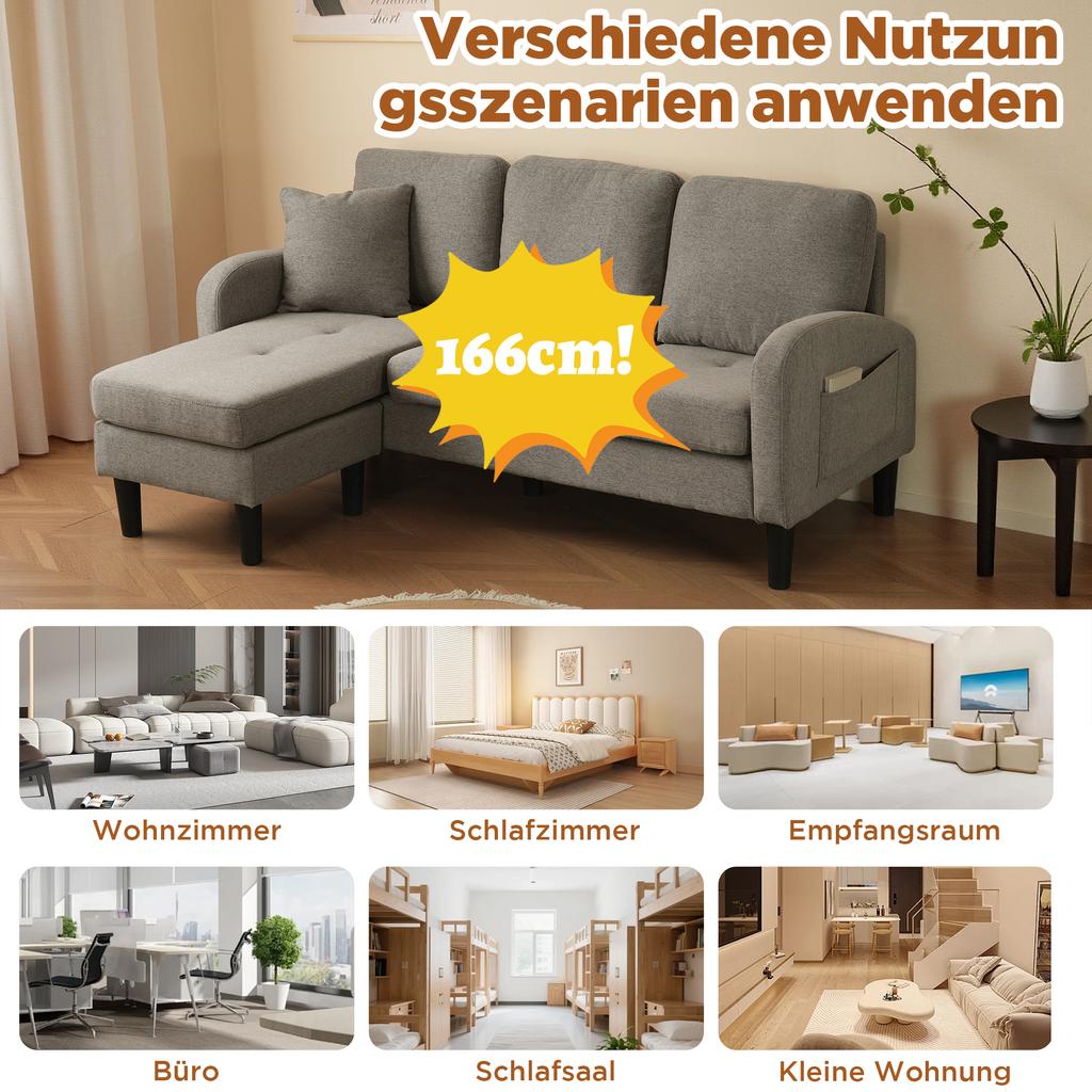 L-förmiges Ecksofa mit Chaiselongue – 3-Sitzer, 166 x 118 x 77 cm, Baumwoll-Leinen-Stoff, Kunststofffüße, modular, Wohnzimmer, Wohnungen und Büros