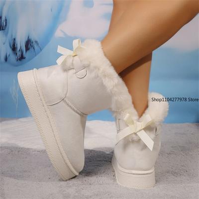 Fashion Butterfly-knot Women Boston Boots 2024 Winter Platform Snow Boots Cashmere Warm Thick Soles Cotton Shoes Women Zapatos De Mujer