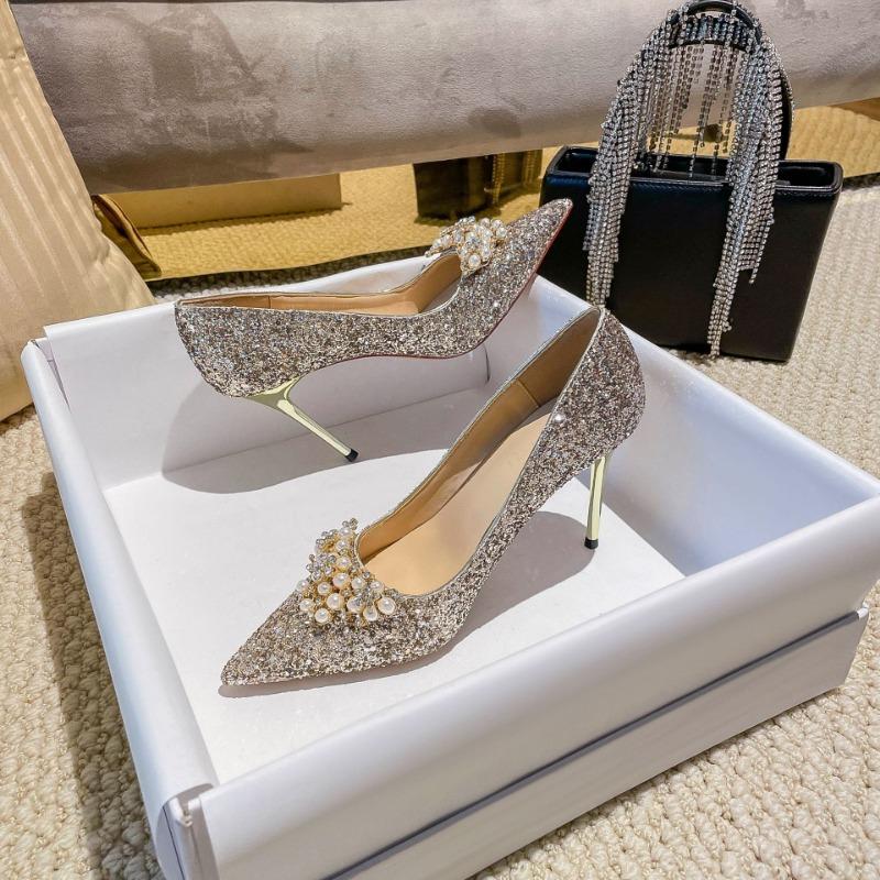 Golden Wedding Shoes Autumn New Pointed Head Shallow Mouth Thin Heel Pearl Xiuhe Banquet Bridal High Heels