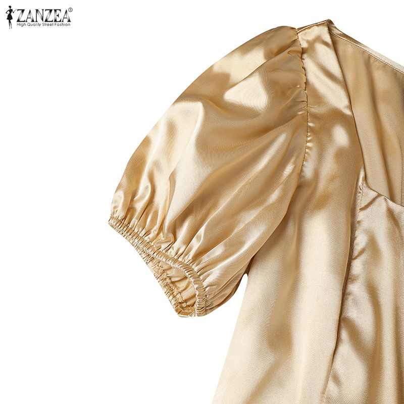 ZANZEA Women Casual Square Collar Summer Short Sleeve Party Long Dress