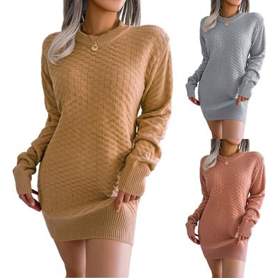 Women's Fashion Casual Solid Color Plaid Long Sleeve Base Knitted Sweater Dress