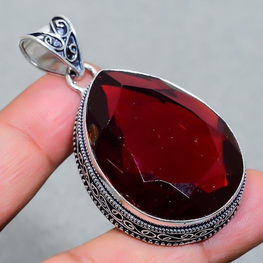 Lab Created Mozambique Garnet Vintage Pendant 2.3" Silver Tone Pear Cut Gemstone