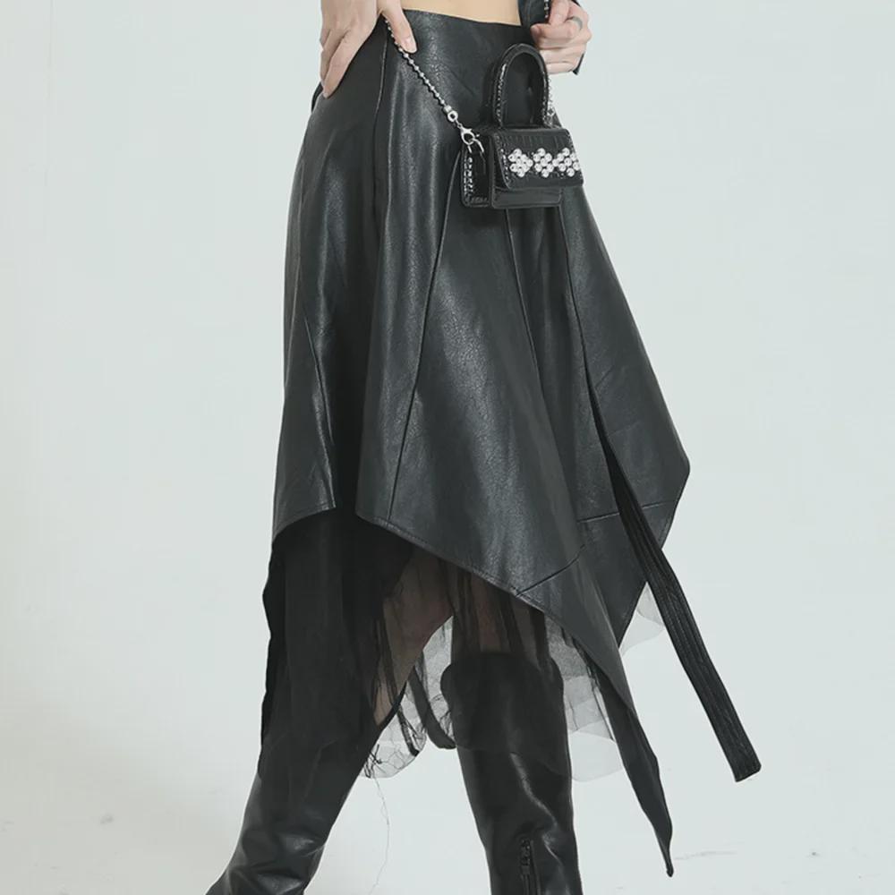 Vintage Dark PU Leather High-Waist A-Line Mesh Skirt