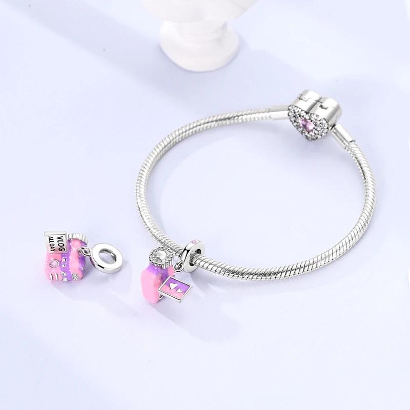 Original Charmscopper White Zircon Pink Dv Camera Pendants Fit Charm Platabracelets For Women Women Jewelry Making Diy