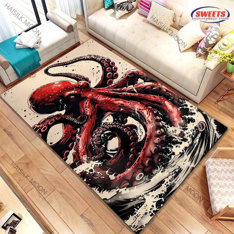 Dywan z nadrukiem o tematyce ośmiornicy olbrzymiej Nowość! Wytrzymałe do salonów, sypialni, biur, trwałe maty do prania w pralce