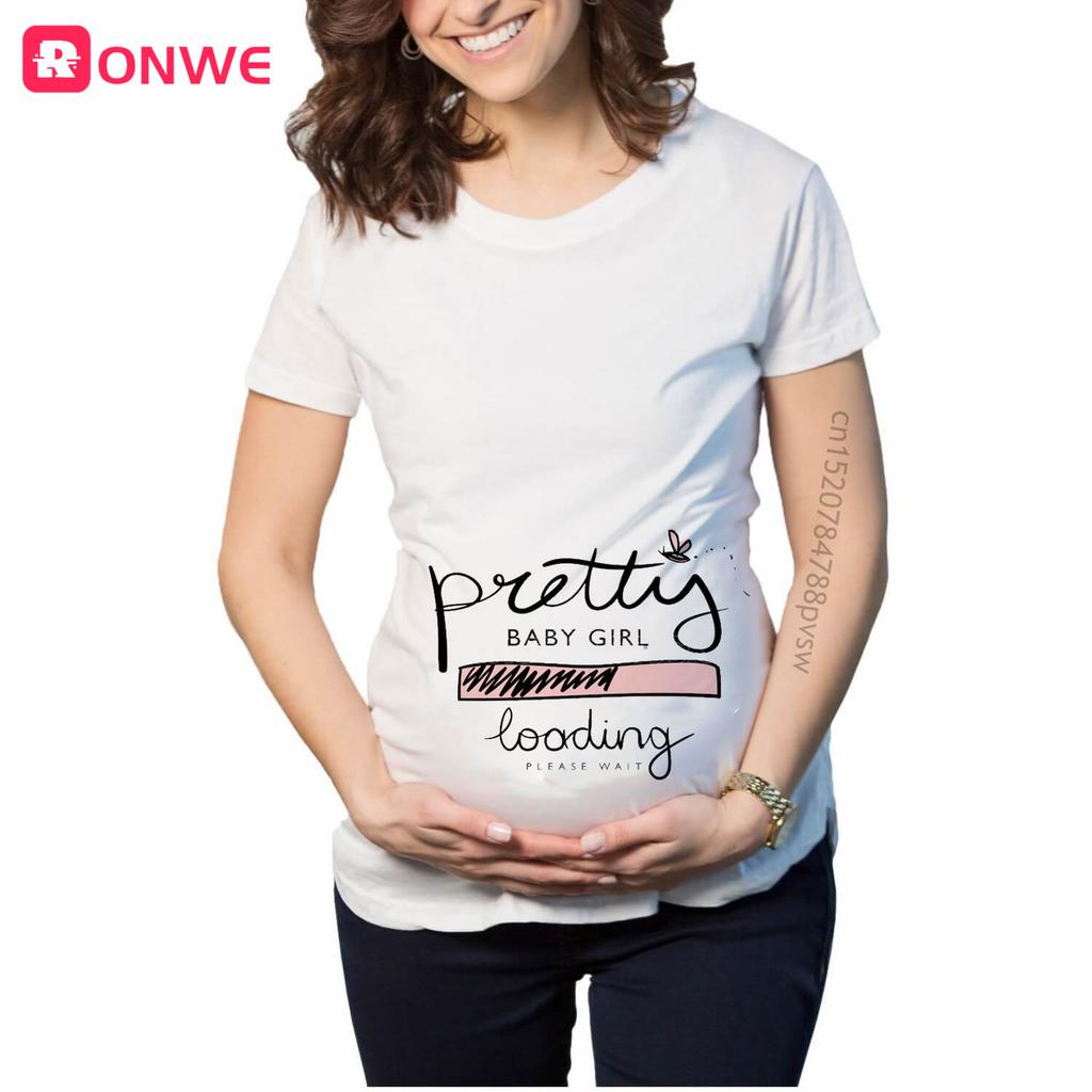 T-shirt Stampata da Donna Incinta 'Baby Girl Loading' Maglietta a Maniche Corte da Mamma Annuncio Gravidanza Top Tee