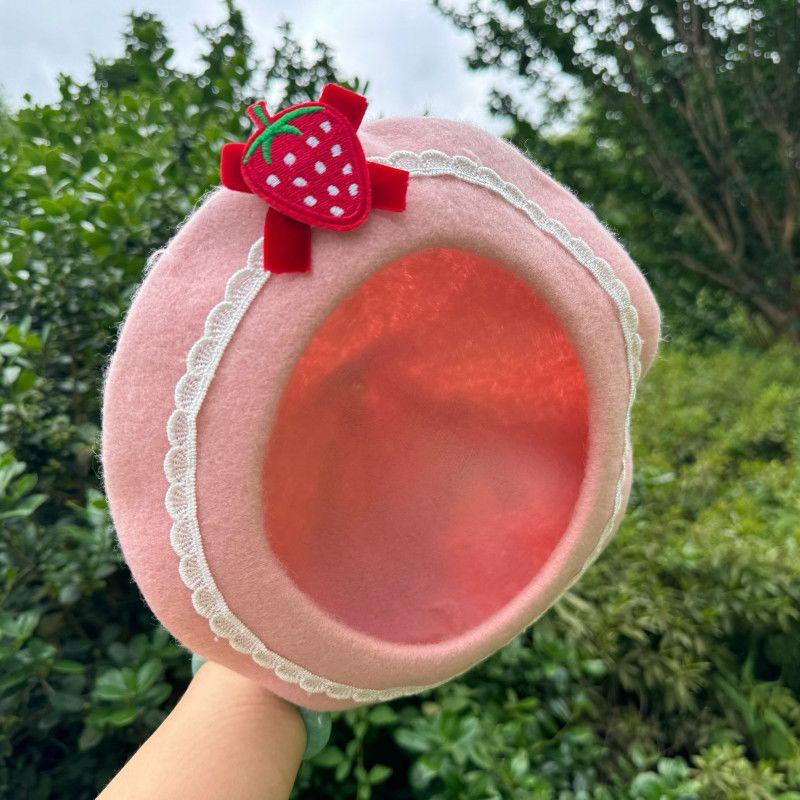 

caps Beret women lolita fashion luxury hats Brand winter warm 2026 new in cute core lace strawberry y2k hat lady caps beret One Size рожевий