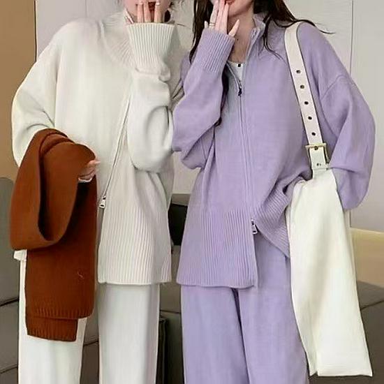 Women's Casual Knit Cardigan & Wide-Leg Pants Two-Piece Set - Autumn/Winter Collection