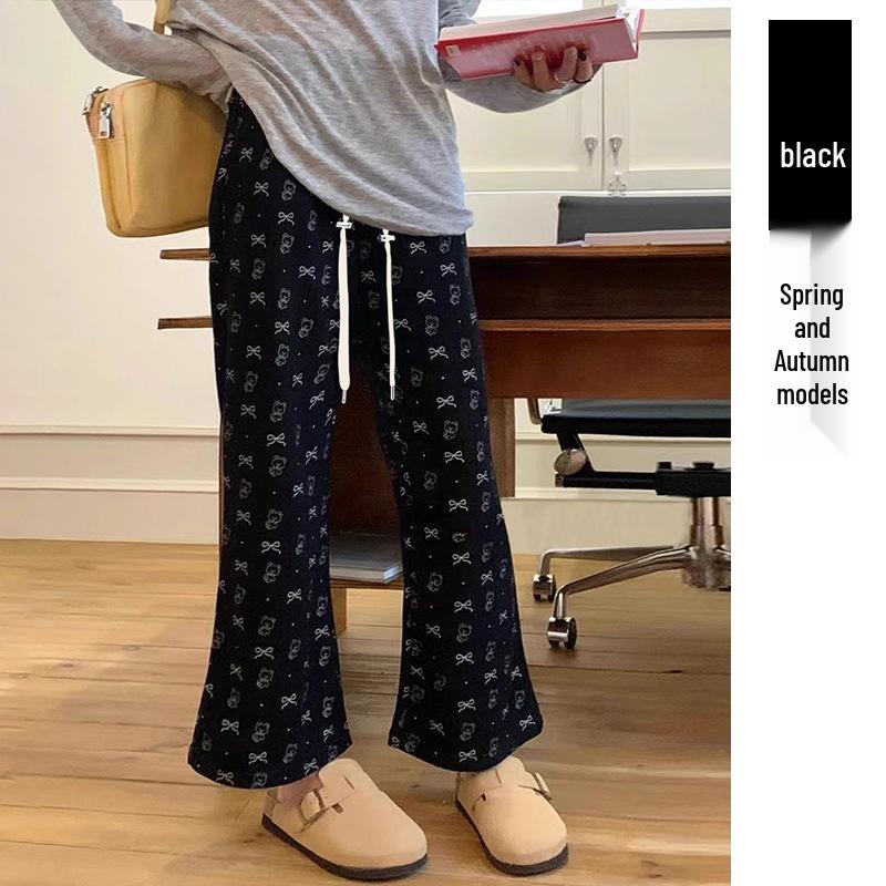2026 Spring Maternity Bow Print Flare High Waist Slimming Cropped Pants 4XL