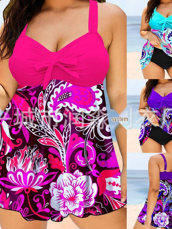 2024 Plus Size Halter Split Skirt Bikini - Quick-drying Solid Color Backless Swimsuit for Women