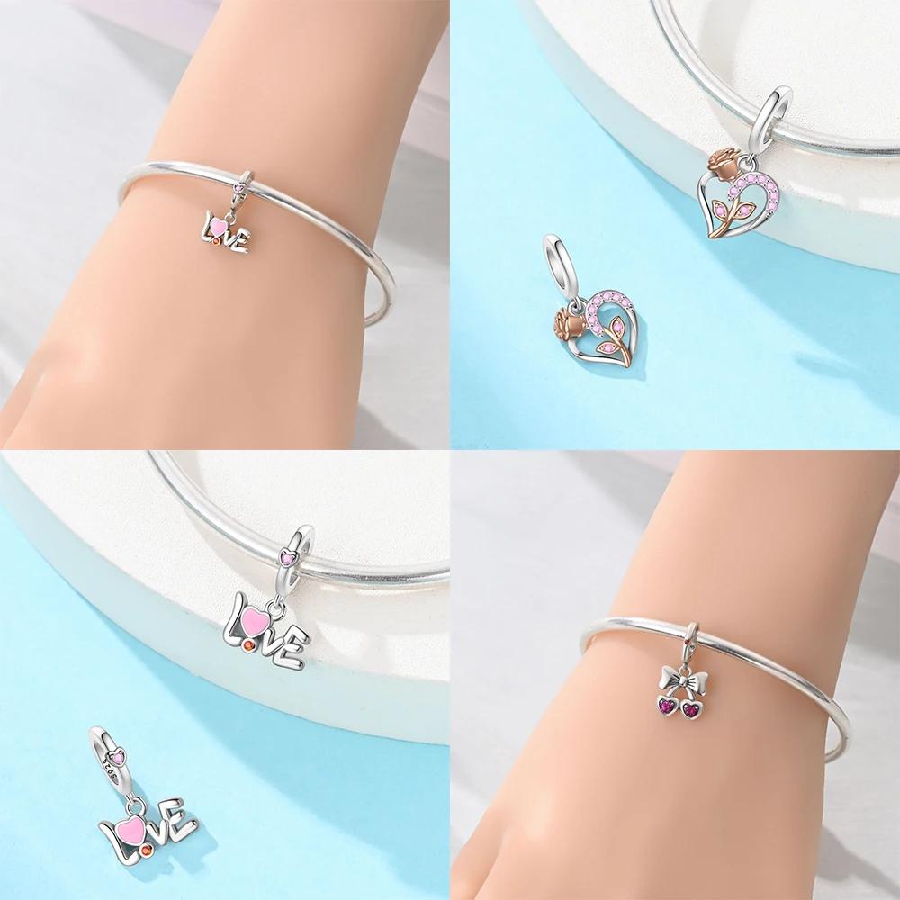 Pink Bow Heart Pendant Love Couple Rose Flowers Bead Fit Bracelet Originalcopper Women Jewelry Diy Accessory Charms Gift