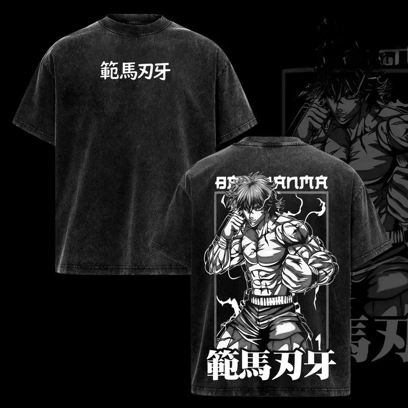 

Футболка с принтом Ханма Баки Аниме БАКИ Одежда Мужская Женская Футболки с коротким рукавом Винтажная футболка с варкой Харадзюку Мужские хлопковые топы XXL чёрный