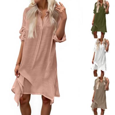 Dames Zomer Effen Kleur Katoen En Linnen V-Hals Lange Mouw Knoop Midi Jurk