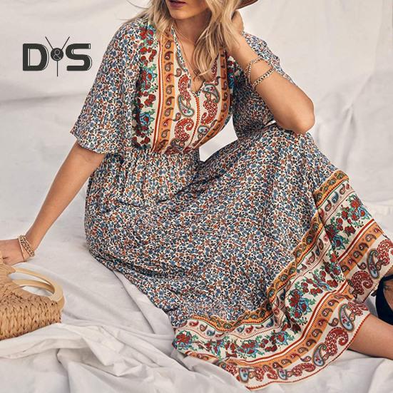 Dámské šaty Etnický bohémský styl Potisk Výstřih do V Krátké rukávy Pružný pas Skládaný Patchwork Maxi šaty A-line Letní dovolená Plážové šaty