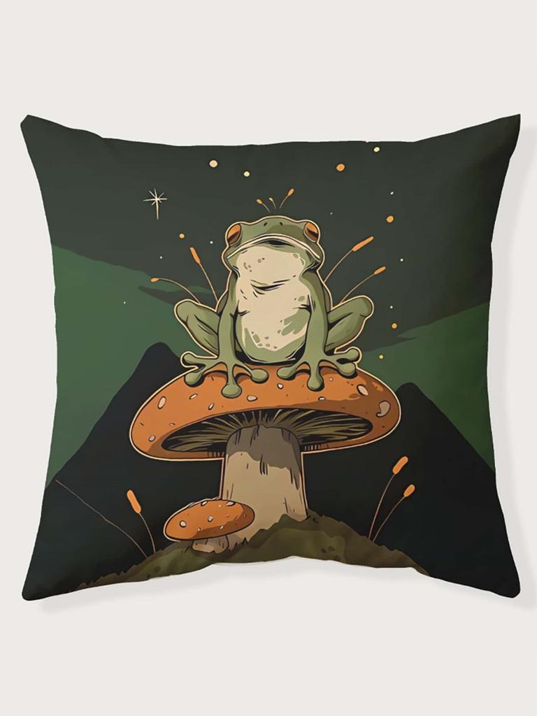 Frog On Mushroom Print Throw Pillow Cover, Cushion Case For Sofa Bedroom Living Room Couch Bed Office Chair Home Decor