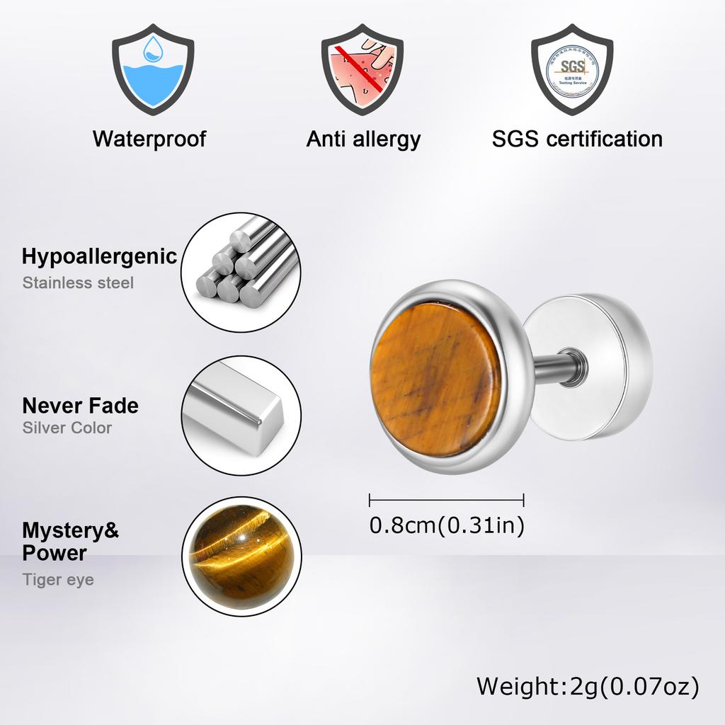 Vnox Hypoallergenic Stainless Steel Stud Earrings for Men, Small Round Natural Tiger Eye/Turquoise/Agate Stone Fashion Jewelry