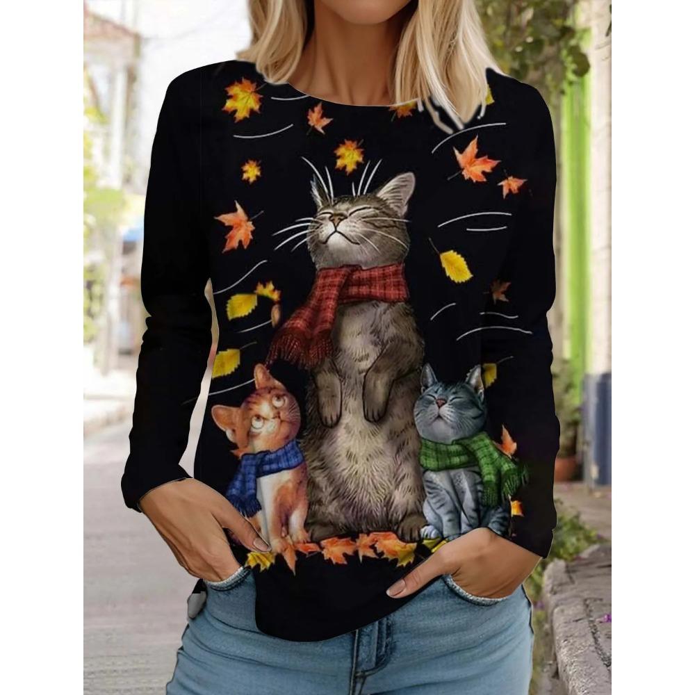 Spring and Autumn Round Neck Cat Pattern 3D Printed Top Fashionable Casual Long Sleeved Women's T-shirts
