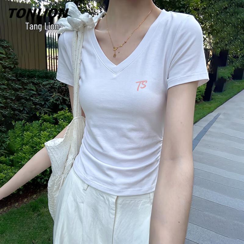 TonLion Women s V-Neck Letter Print Knit T-Shirt M