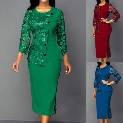 Saia feminina Plus Size Renda Oco Manga Longa Blusa Top Dividido Bodycon Saia Roupa de Escritório