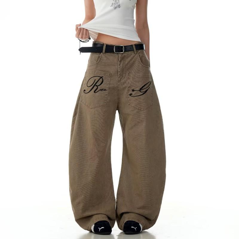 2026 Embroidered Denim Pants Loose Fit High Street Style Wide Leg Jeans Teens