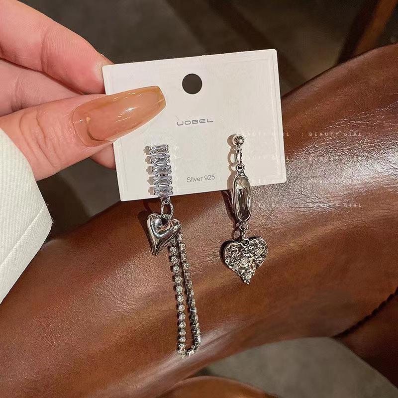 S925 Sterling Silver Asymmetrical Heart Earrings with Zirconia - 2023 Fairy Style