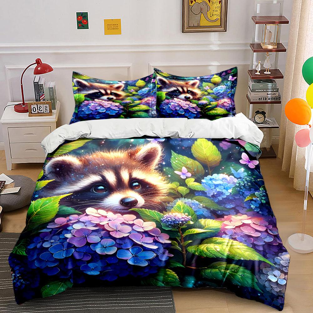 Whimsical Raccoon In Floral Wonderland Exquisite Three-Piece Bedding Set Gift For Kids And Adults