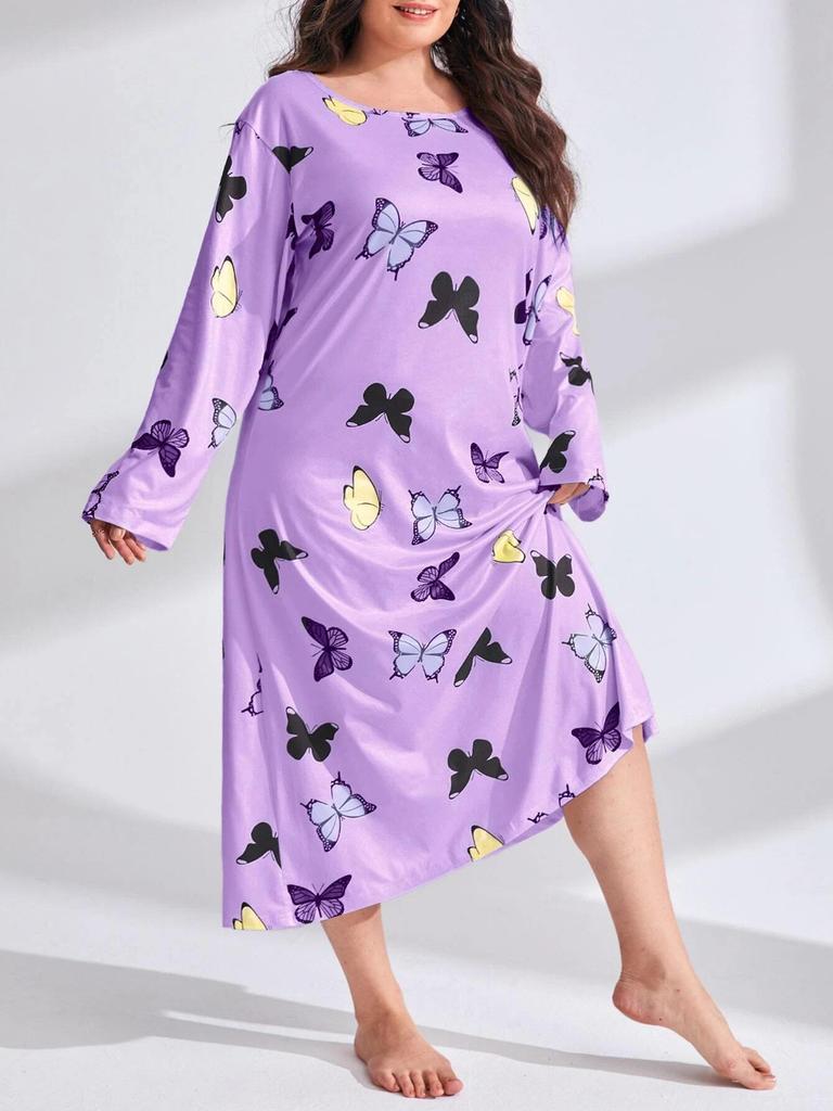 2025 European Plus Size Long Sleeve Butterfly Heart Leopard Print Nightgown