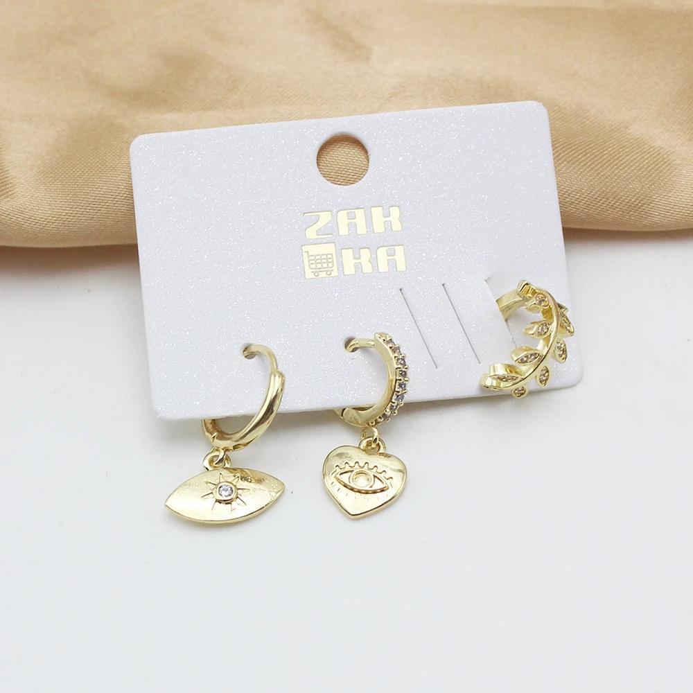 

3Pcs/Lot Devil s Eye CZ Crystal Leaf Copper Drop Earring Set for Women Temperament Korean Trend LOVE Wedding Zircon Girl Gift