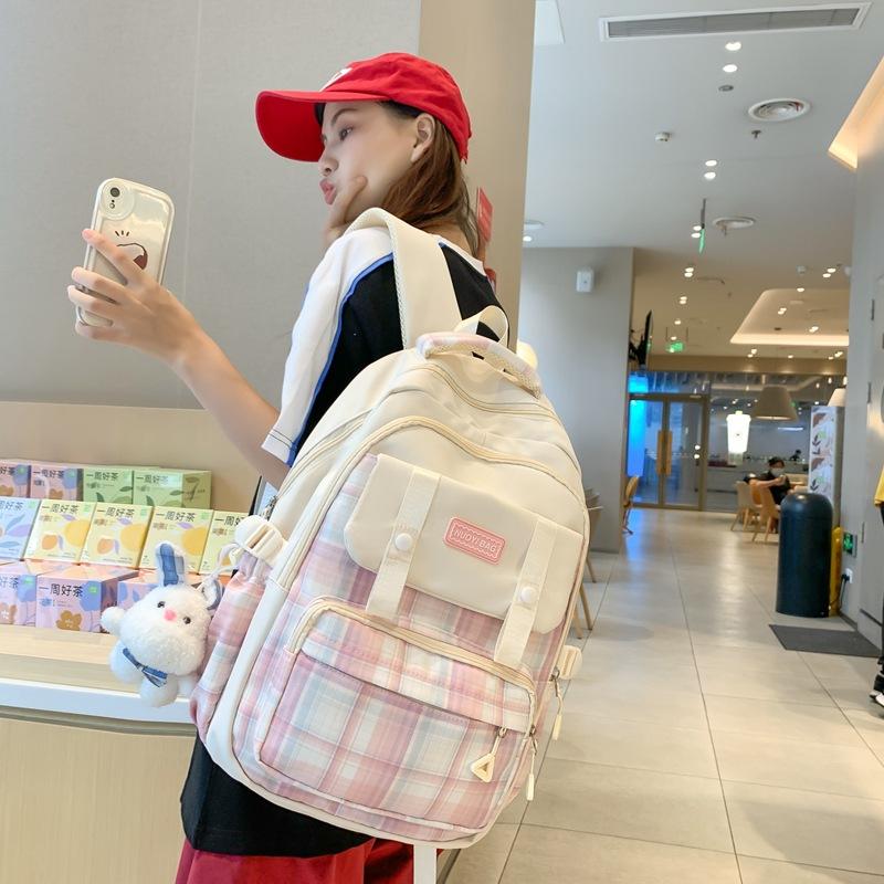 New Large-capacity Make-up Bag Trendy and Fashionable Plaid Junior High School College Student Backpack Two-piece Backpack Fashionable