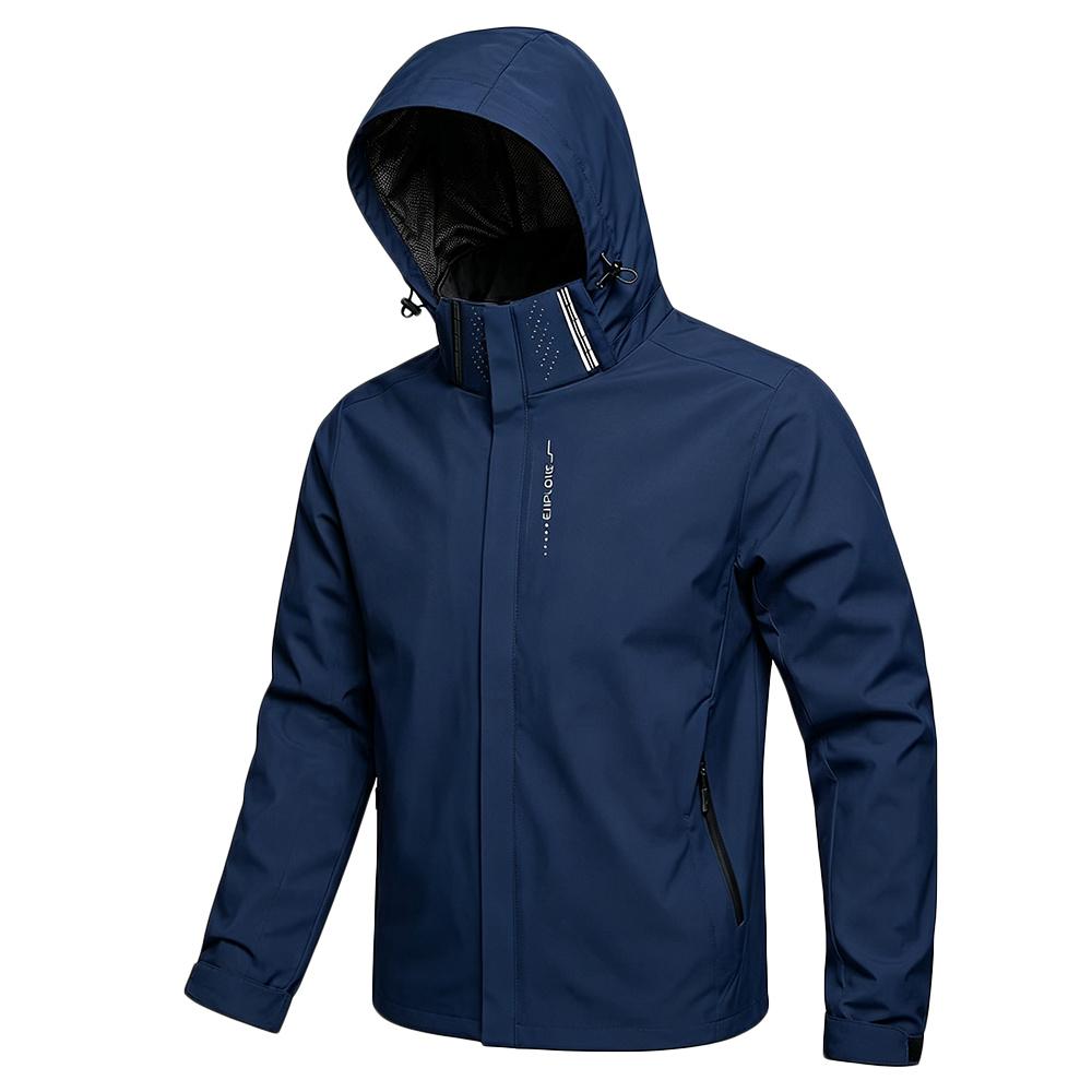 Men's Waterproof Hooded Windbreaker Jacket with Detachable Hood and "EXPLORE" Zip Pocket - Lightweight Outdoor Hiking and Travel Coat.