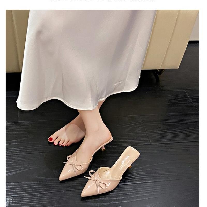 Fashion Patent Leather Bowknot Mule Slides Woman Pointed Toe Kitten Heel Pump Sandals Ladies  Bright Color Evening Party Dress Shoes