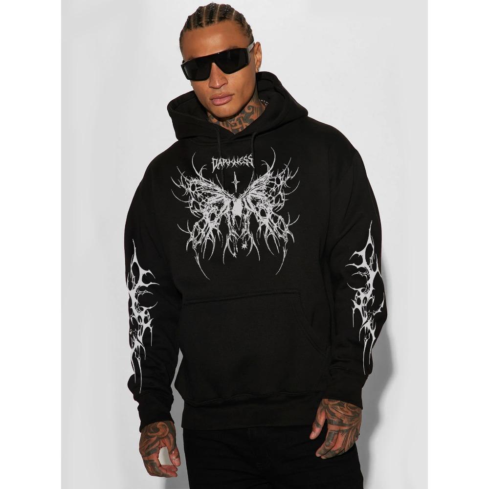 Dark Gothic Style Men s Fashion Streetwear Trend Double-Sleeve Printed Hooded Sweatshirt S