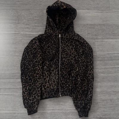 Y2K Streetwear Hoodie Hose Set Mit Strassverzierungen Leopardenmuster Unisex Lässiges Outfit