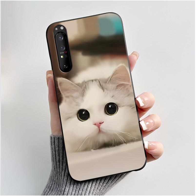Für Sony Xperia 1 III 1 II Hülle Xperia 1III 1II Niedliche Katze Cartoon Weiches TPU Silikon Schwarze Abdeckung Ultradünne Stoßfeste Schale Fundas