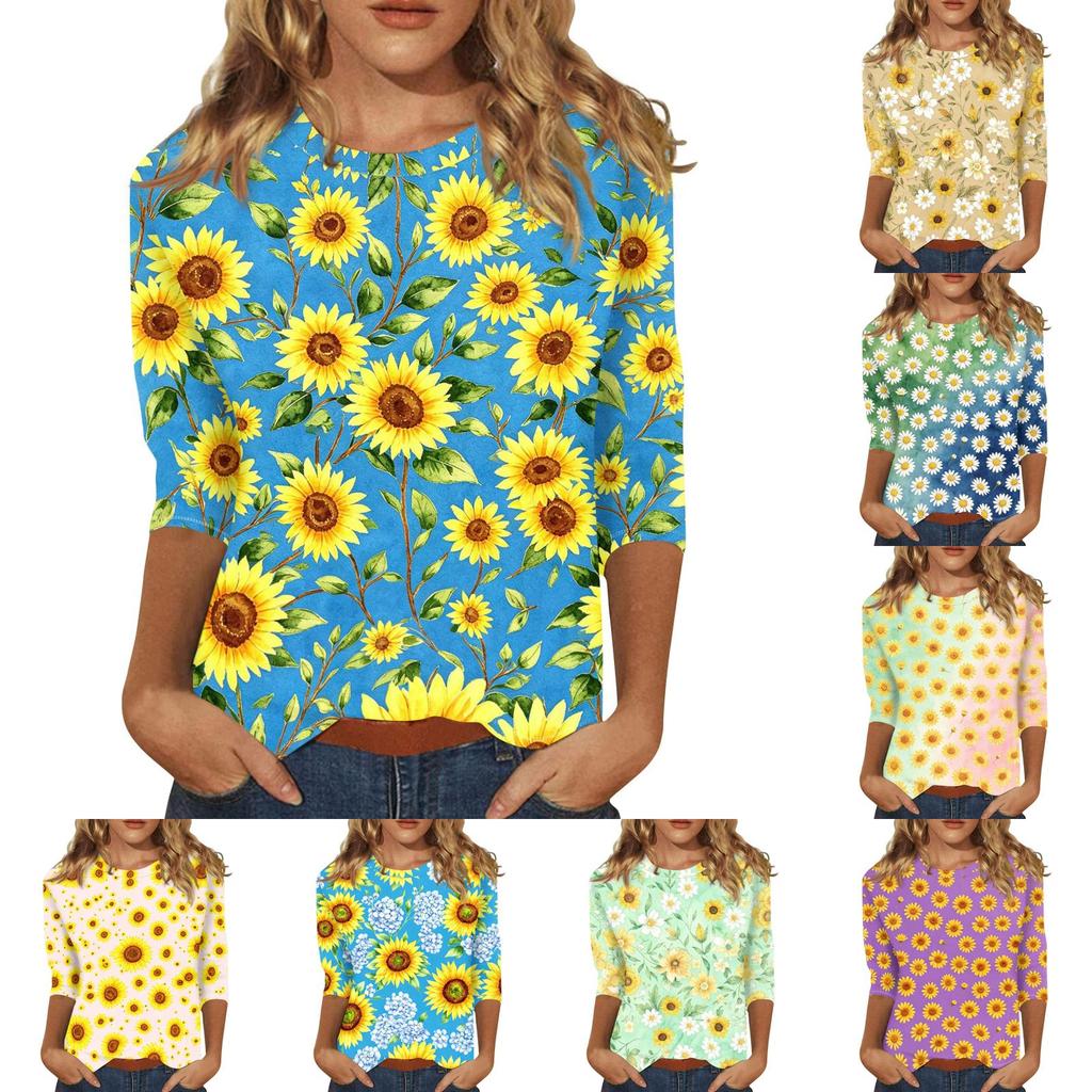 Dames Casual Top met Bloemendruk Ronde Hals Driekwartmouw Blouse Lichtgewicht Comfortabele Stof Geschikt voor Dagelijks Gebruik