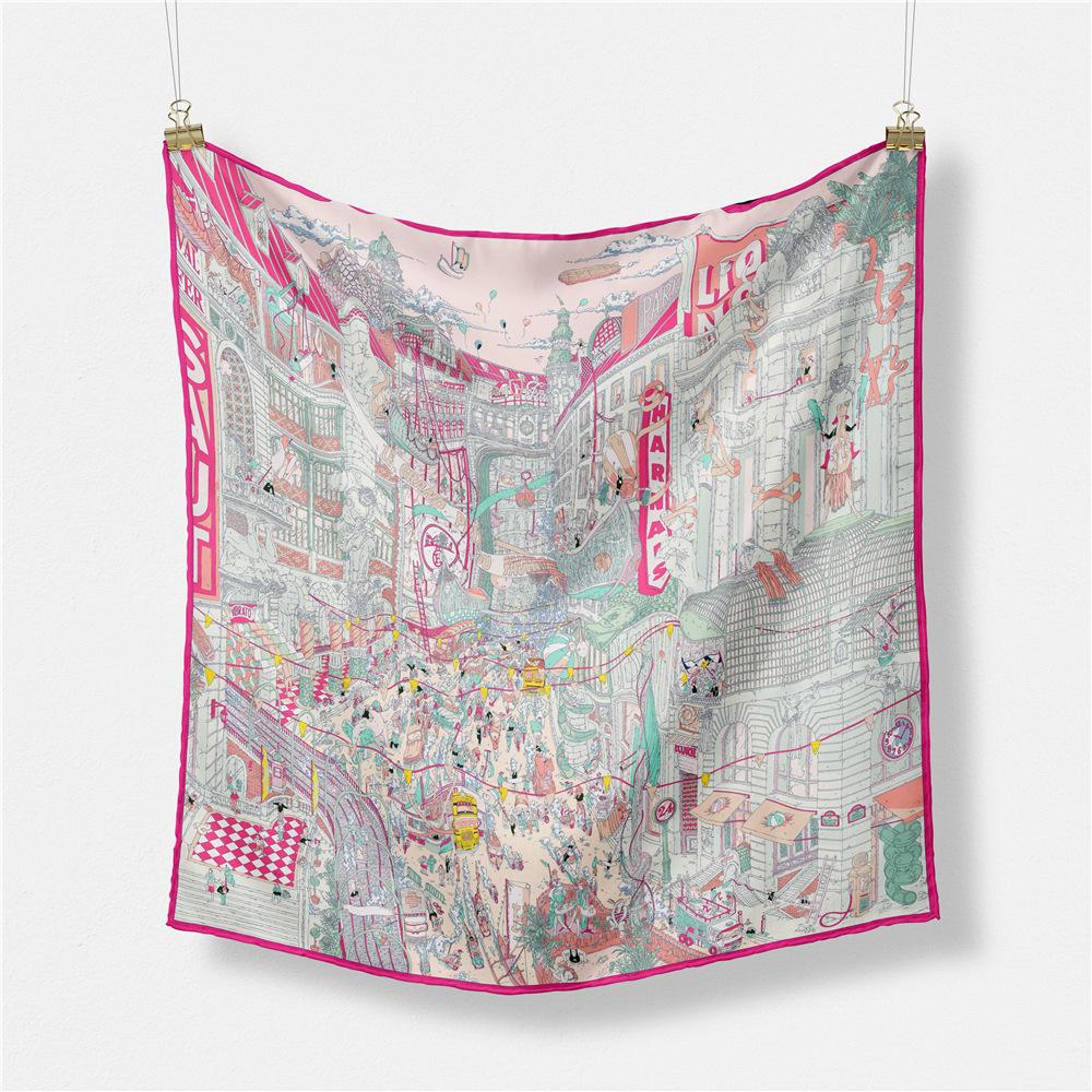 53CM Twill Silk Scarves Women Big City Print Square Scarves Wraps Bandana Small Hijab Foulards Ladies Tie Headband Neckerchief