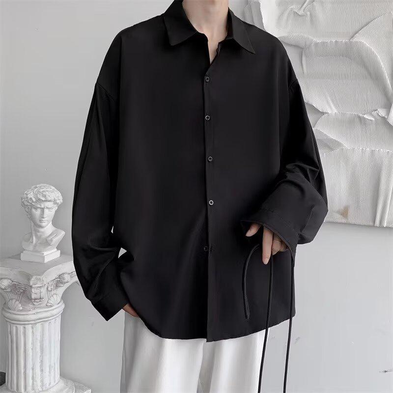 Unisex Solid Color Long Sleeve Tie Shirt - Trendy Korean Style for Spring/Autumn