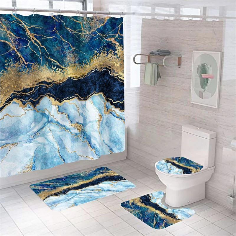 Luxury 3D Marble Shower Curtain Set Polyester Fabric Waterproof Batthroom Curtains Modern Style Printing Bath Toilet Cover Mat
