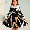Girls High Neck Long Sleeve Furry Trim Geometric Printed Black White Khaki Bow A Line Flared Dress
