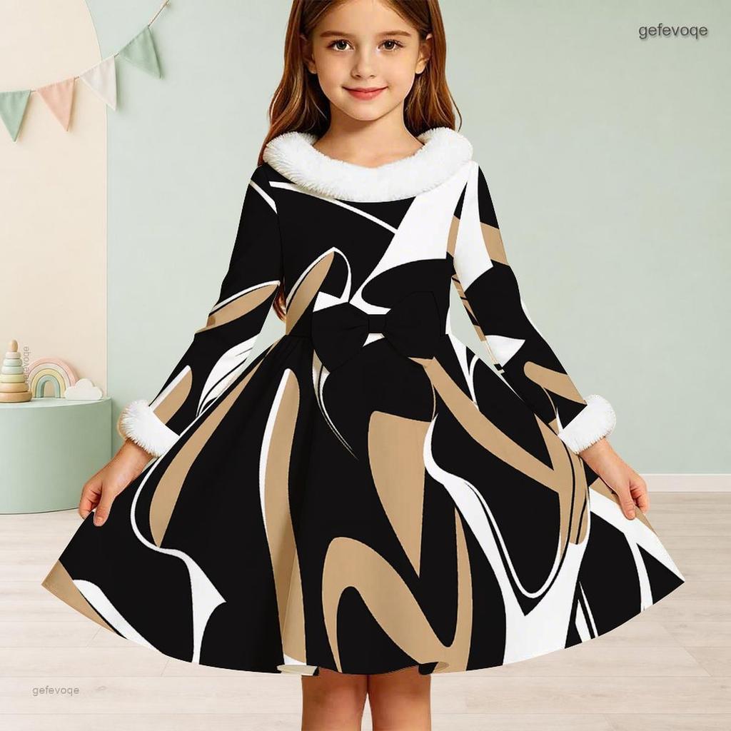 Meisjes Jurk met Hoge Hals, Lange Mouwen, Print, A-lijn, Uitlopend, met Taille Strik en Kunstbontrand