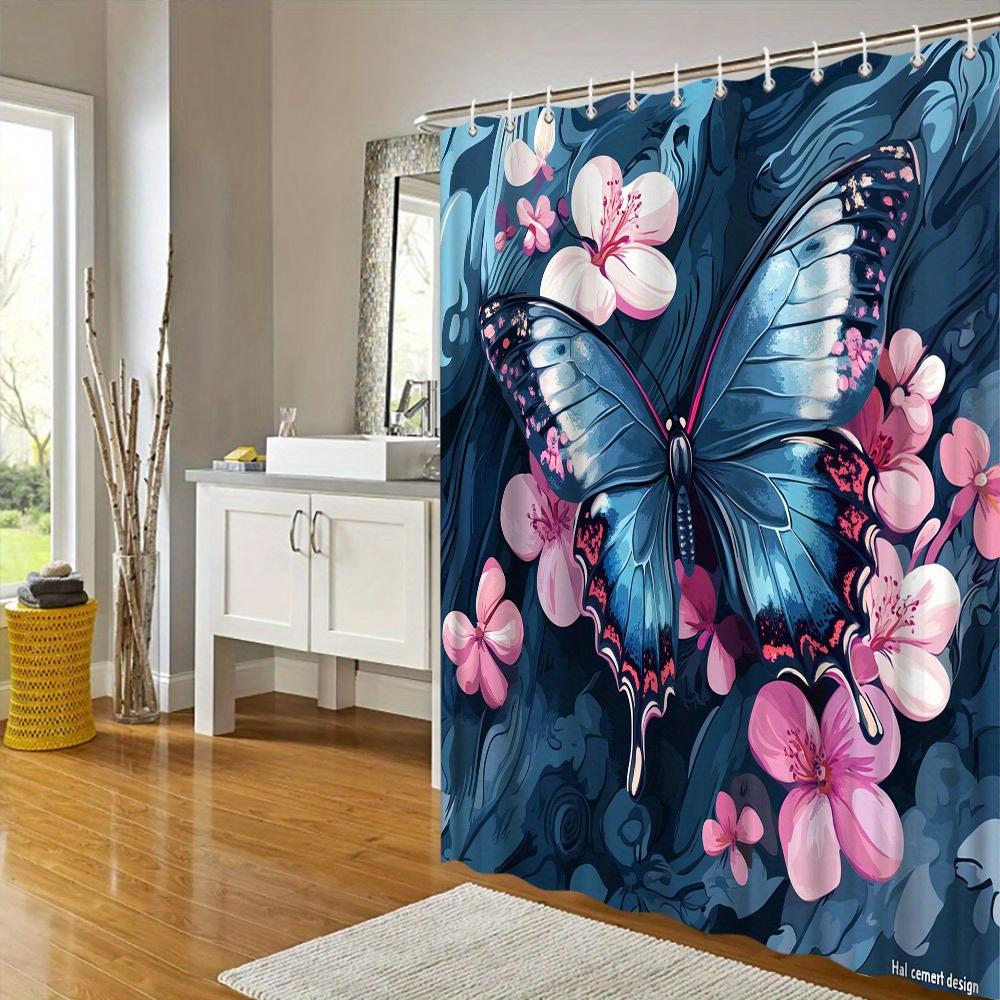 1Pc Shower Curtain - Blue Butterfly & Pink Cherry Blossoms Abstract Art Design, Durable Polyester Fabric, 70.8X70.8 Inches With