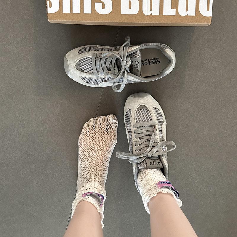 Korean Version of Fashionable Versatile Soft-soled Breathable Casual Sports Shoes Women's Summer Retro Lace-up Splicing Mesh Cotton Forrest Gump Shoes