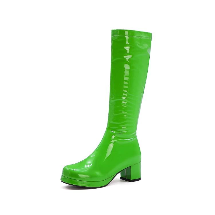 

2026 Patent PU Leather Purple Green Orange Yellow Red Woman Shoes Block Heels Platform Knee High Go Go Boots Women Big Size 48 49 50 48