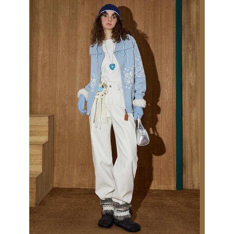 Coolhut Blue Heart Chunky Knit Fair Isle Style Cardigan Winter New Thick Sweater Coat for Women