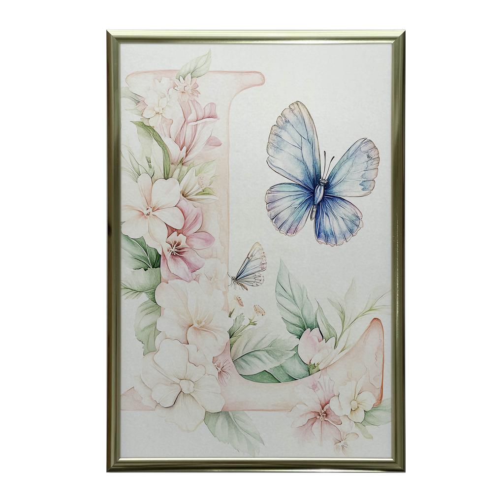 Plakat Literowy "L" Z Kwiatami I Motylem Plakat Literowy "L" Z Kwiatami I Motylem, 70X100 Cm, Rama Drewniana Jasny Dąb, Papier Matowy 230 Gsm