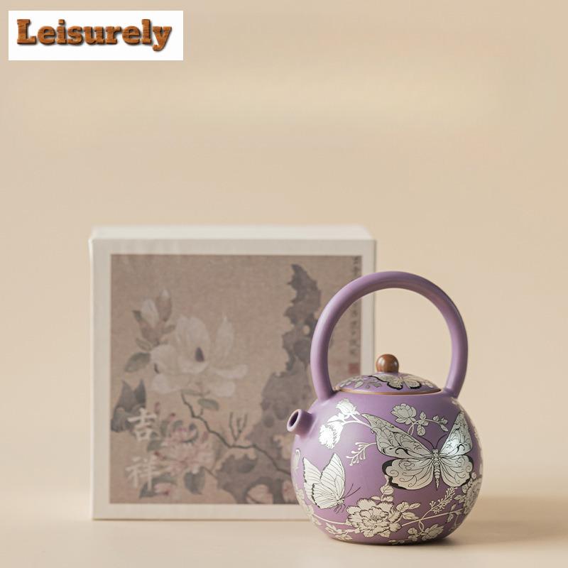 111ml Gilt Silver Butterfly Flower Lifting Handle Teapot Luxury Tea Infuser Pot Tea Brewing Kettle With Ball Hole Teaset Supplie