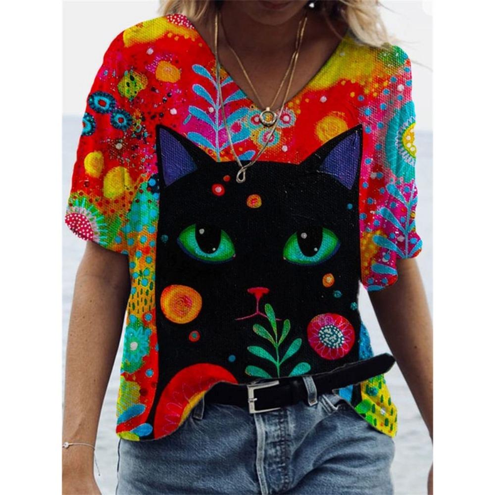 Cooles Mondkatzenmuster T-Shirt für Damen Lustiges Tier 3D-Druck Kurzarm Sommer Locker T-Shirts Rundhals Oberteile Tees Streetwear