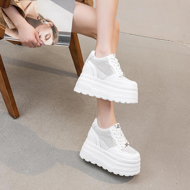 

Повседневные туфли-лодочки женские 2025 весна и осень новые супер высокий каблук толстая подошва внутренняя высота 12 см маленькие белые туфли дышащие и ве 34