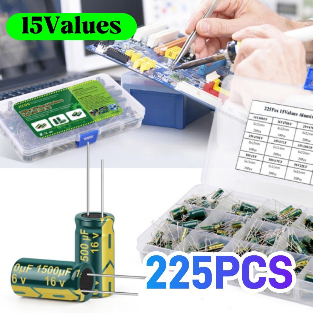 225Pcs/Box Capacitor Kit Aluminum Electrolytic Capacitors Set 15Values 16V-50V 1uF-470uF Assorted Kit Storage Low ESR
