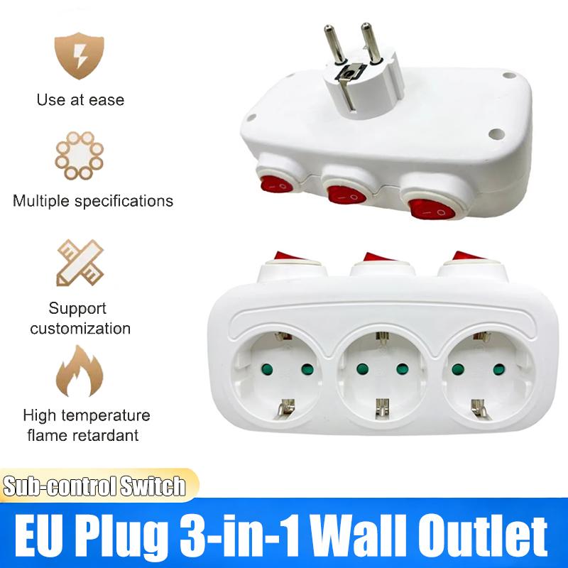 Independent Switch EU Schuko Triple Outlet Power Expansion Plug 1 to 3 Wall Socket Adapter Power Splitter For home